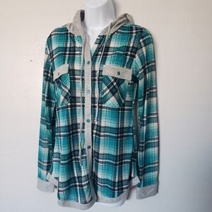 Passport Medium Long Sleeve Button Up Shirt Hooded Teal Black Grey Plaid Top